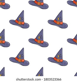 seamless pattern of cute witch hat on white background