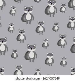 Seamless pattern with cute wolf in a flat style on a gray background. Stock vector illustration for decoration and design, packaging, wallpaper, wrapping paper, fabrics, posters, postcards, web pages 