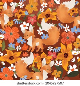 Seamless pattern cute wolf fox in flower forest cartoon