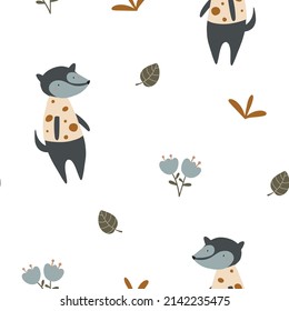 Seamless pattern of a cute wolf. Vector illustration on a white background in warm colors for decorating textiles and nursery