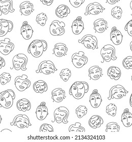 Seamless pattern with cute women's faces in doodle style. Vector illustration of a positive mood.
