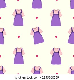 Seamless pattern with cute women's sundress. Romantic design. Casual wear, street style. Vector cartoon illustration