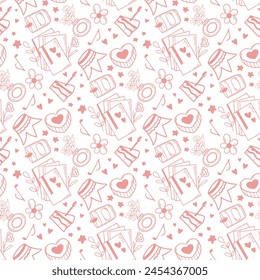 Seamless pattern of cute women's things and leisure items and hobbies. Hand drawn objects - candle, cake, flowers, books, heart, star, music background. Cute girly print for design, vector graphics