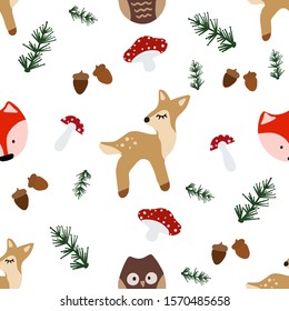 Seamless pattern with cute woodland  animals in cartoon style
