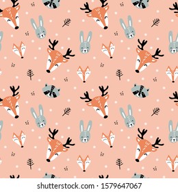 Seamless pattern with cute woodland animals faces in simple scandinavian style with branches and snowflakes. Flat vector illustartion.