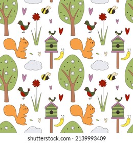 Seamless pattern of cute woodland animals and birds with autumn floral elements EPS