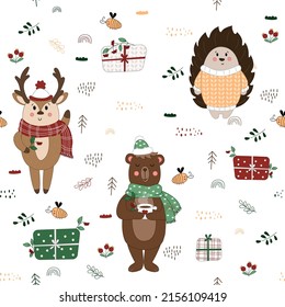 Seamless pattern with cute woodland animals, set with forest animals, vector bear, deer, hedgehog, animals in the forest
