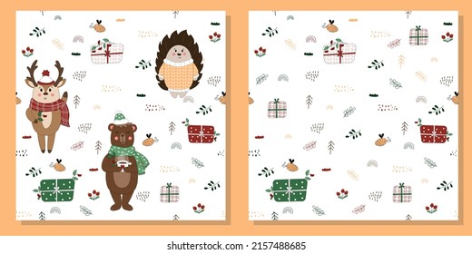 Seamless pattern with cute woodland animals, set with forest animals, vector bear, deer, hedgehog, animals in the forest	