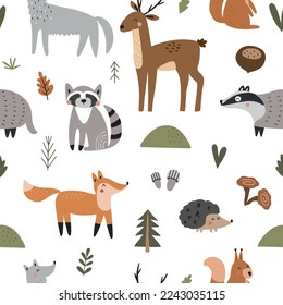 Patrón sin foco de lindos animales de bosque y aves con elementos naturales. Ilustración vectorial para vivero y decoración textil