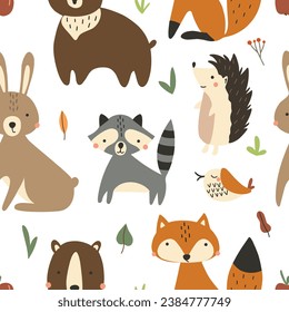 Seamless pattern of cute woodland animals and birds with natural elements. Vector illustration for nursery and textile decoration