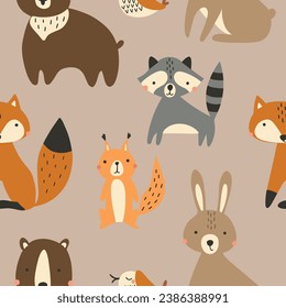 Seamless pattern of cute woodland animals and birds. Vector illustration for nursery and textile decoration