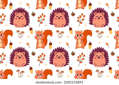 Seamless pattern of cute woodland animals with autumn cozy elements . Forest wild animals in flat cartoon style isolate on white for paper and textile design.