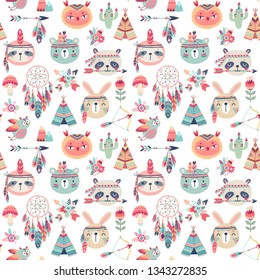 Seamless pattern with Cute Woodland boho tribal pattern,  rabbit, owl, sloth, panda,bear. American indian set of Vector illustration.