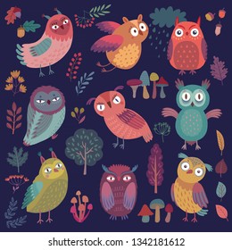 Seamless pattern with Cute Woodland owls. Funny characters with different mood on dark background. Vector illustration.