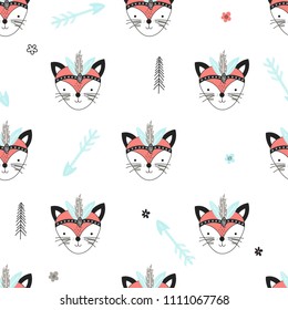 Seamless pattern with cute woodland tribal foxes in cartoon style. Vector illustration for kids.