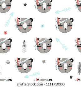 Seamless pattern with cute woodland tribal bears in cartoon style. Vector illustration for kids.