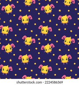 Seamless pattern with a cute yellow alien on a dark background. Vector illustration in a minimalistic flat style, hand drawn. Cute monster print for print design, postcards