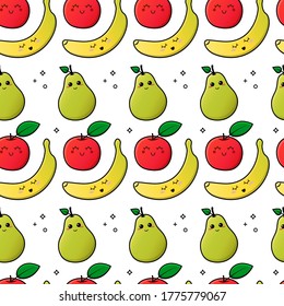 Nahtloses Muster mit süßen gelben Bananen, grünen Birnen und roten Äpfeln auf weißem Hintergrund. Gerader Vektorhintergrund. Helle Illustration von Sommerfrüchten. Design der Fruchtmischungen für Stoff und Dekoration.