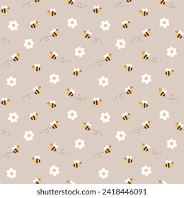 Seamless pattern with cute yellow bumble bees and hand drawn white daisy on neutral background vector illustration. Cute summer wallpaper, kids room pattern, kids fabrics