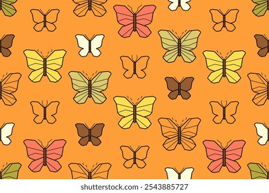 Patrón sin fisuras con lindas mariposas amarillas. Fondo de primavera y verano dibujado a mano con insecto volador. Patrón plano de la historieta con la mariposa, Ilustración vectorial