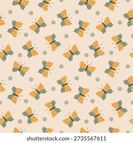 Seamless pattern with cute yellow butterflies and green dots on light background. Flat style. Ideal for kids textiles, nursery decor, wallpapers, wrapping paper, stationery, prints. Vector illustration