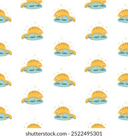 Seamless pattern with cute yellow cats sleeping on a blue pillow. Funny childish texture in flat style, perfect for fabric, textile, wallpaper, wrapping paper, cover and other. 