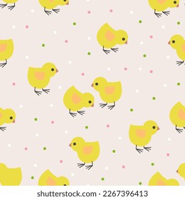 Seamless pattern with cute yellow chickens. For fabric design, wallpapers, backgrounds, wrapping paper and so on. Vector