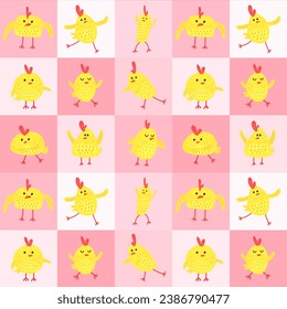 Seamless pattern with cute yellow chickens in different poses, dancing chickens, easter character, pink background.