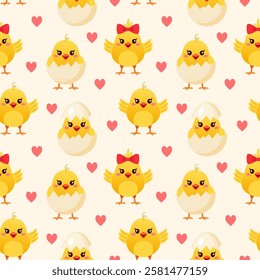  Seamless pattern with cute yellow chickens 