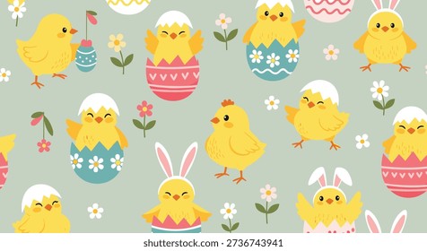 Seamless pattern with cute yellow chicks hatching from Easter eggs and wearing bunny headbands on a green background.