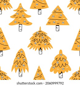 Seamless pattern with cute yellow Christmas trees in doodle style. Vector Christmas illustration background. Merry Christmas.