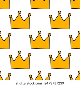Seamless pattern with cute yellow crown. Adorable baby print. Backdrop for nursery. Banner, background, wallpaper, wrapping paper, packaging, textile, fabric.