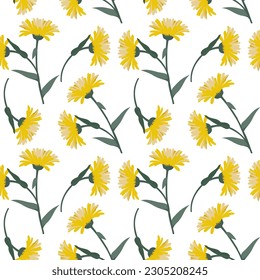 Seamless pattern, cute yellow dandelion flowers with stems. Print, floral background, textile, wallpaper, vector	
