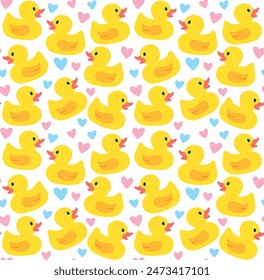 Seamless pattern with cute yellow ducks and hearts. Vector flat backdrop.	