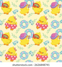 Seamless pattern with cute yellow ducks Vector background.