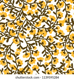 Seamless pattern of cute yellow flower branches on a white background. Vector illustration.