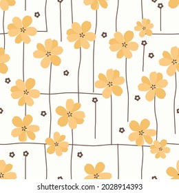 Seamless pattern with cute yellow flower and hand drawn lines on white background vector illustration. 
