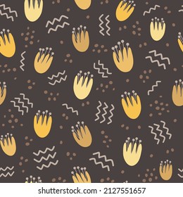 Patrón sin foco con flores amarillas lindas sobre un fondo negro. Fondo digital de flores con elementos dibujados a mano vectorial. Patrón sin brillo para tela infantil, textil.