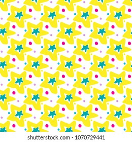 Seamless pattern with cute yellow hand drawn sky with stars on white background. Funny festive wrapping paper. Vector illustration.