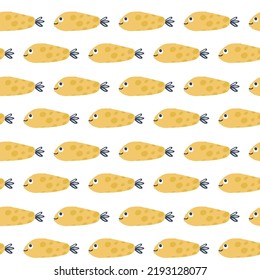 Seamless pattern with cute yellow hand drawn fish. Nice funny doodle water animals with big eye and small blue fins. Vector illustration.