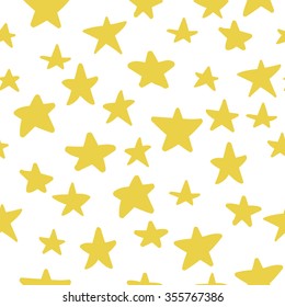 Seamless pattern with cute yellow hand drawn sky with stars on white background. Funny festive wrapping paper. Vector illustration.