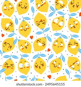 Seamless pattern with cute yellow lemon characters isolated on white background for Your happy design