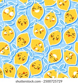 Seamless pattern with cute yellow lemon character stickers on blue background for Your happy design