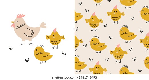 Seamless pattern with cute yellow little chicks