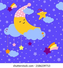 Seamless pattern. A cute yellow moon sleeps in clouds on a blue background. Lullaby theme. Vector cartoon illustration