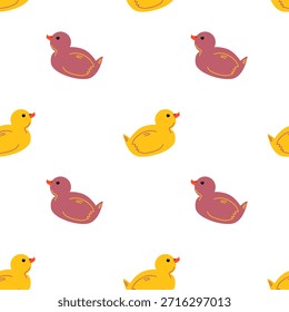 Nahtloses Muster mit süßen gelben und violetten Gummienten. Spielerischer Badespielzeug-Hintergrund für Kindergarten-Dekor, Baby-Textilien und Kinder Geschenkverpackung Design. Vektorgrafik