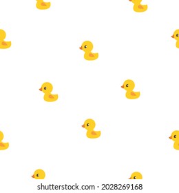 Seamless pattern with cute yellow rubber ducklings on a white background. Vector illustration in minimalistic flat style, hand drawing. Scandinavian print for textiles, print design, postcards.