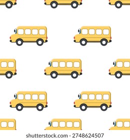 Seamless pattern with cute yellow school buses on a light background. Flat vector illustration of a cartoon school transport vehicle repeating pattern. Perfect for kids education themes, school projects,