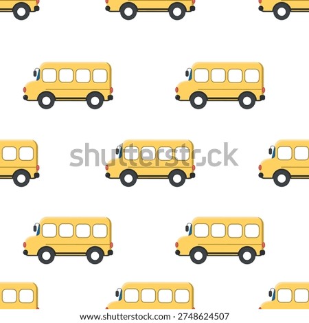 Seamless pattern with cute yellow school buses on a light background. Flat vector illustration of a cartoon school transport vehicle repeating pattern. Perfect for kids education themes, school projects,