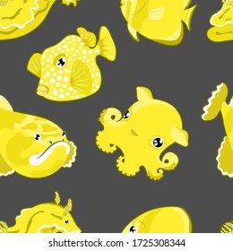 Seamless Pattern with Cute Yellow Sea animals on gray background. Vector illustration. Underwater life, sea, ocean, coral reef. Octopus, box fish, angel fish, Nudibranchs. Childish, kids.
